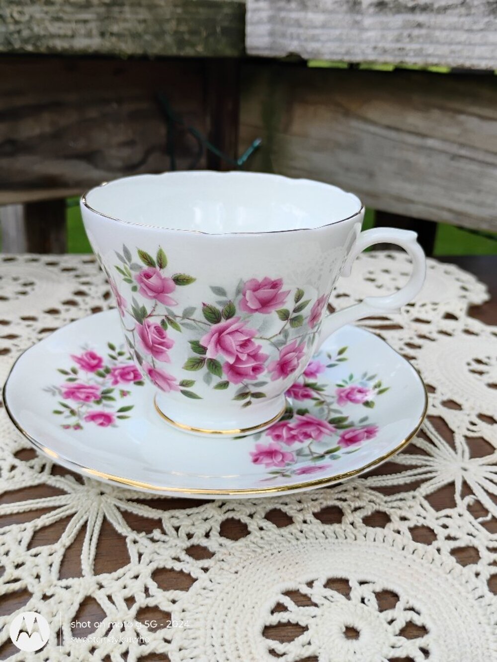 Crown Trent brand fine bone china tea cup and saucer pink roses design 1970s-80s
